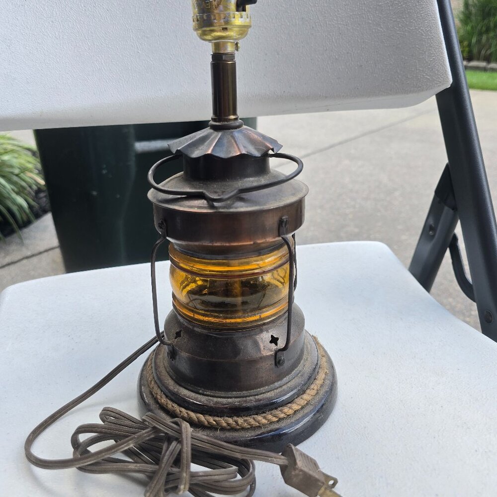 Vintage Handmade Nautical Anchor Oil Lantern Table Lamp Amber Glass WORKS Metal